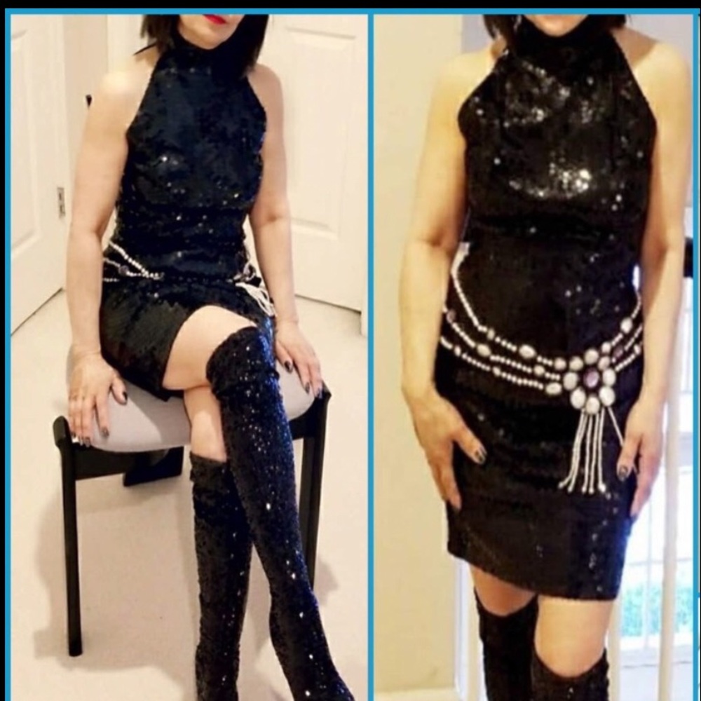 NiteLine sequin party dress. Attached Emblished belt, open back, black SZ.4